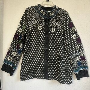 Rosie Neira Nordic Fair Isle Cardigan Sweater Grey White Knit Button Front Med